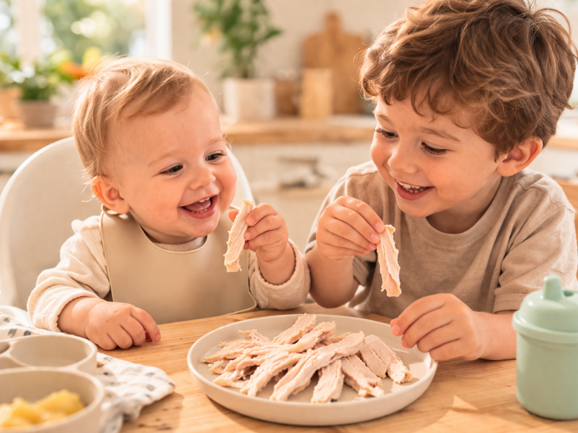 Niños comiendo tiras de pavo ecológico PavosBio al estilo BLW