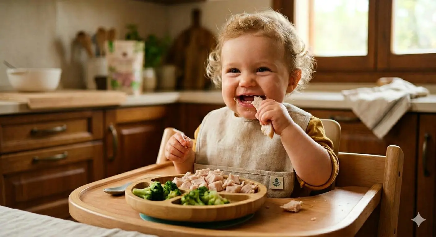 Bebé comiendo tiras de pavo cocinadas para BLW