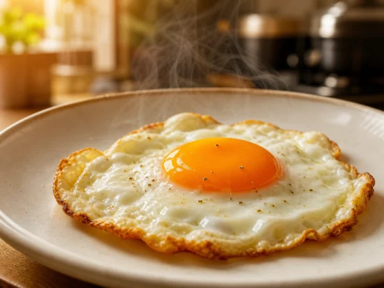 Huevos de pava ecológicos fritos con puntilla crujiente y yema entera