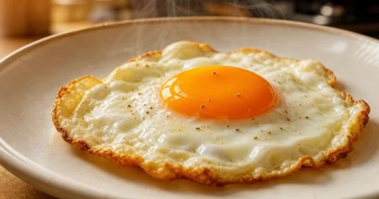Huevos de pava ecológicos fritos con puntilla crujiente y yema entera