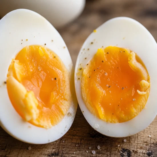 Huevos de pava ecológicos hervidos cortados mostrando la yema en distintos puntos