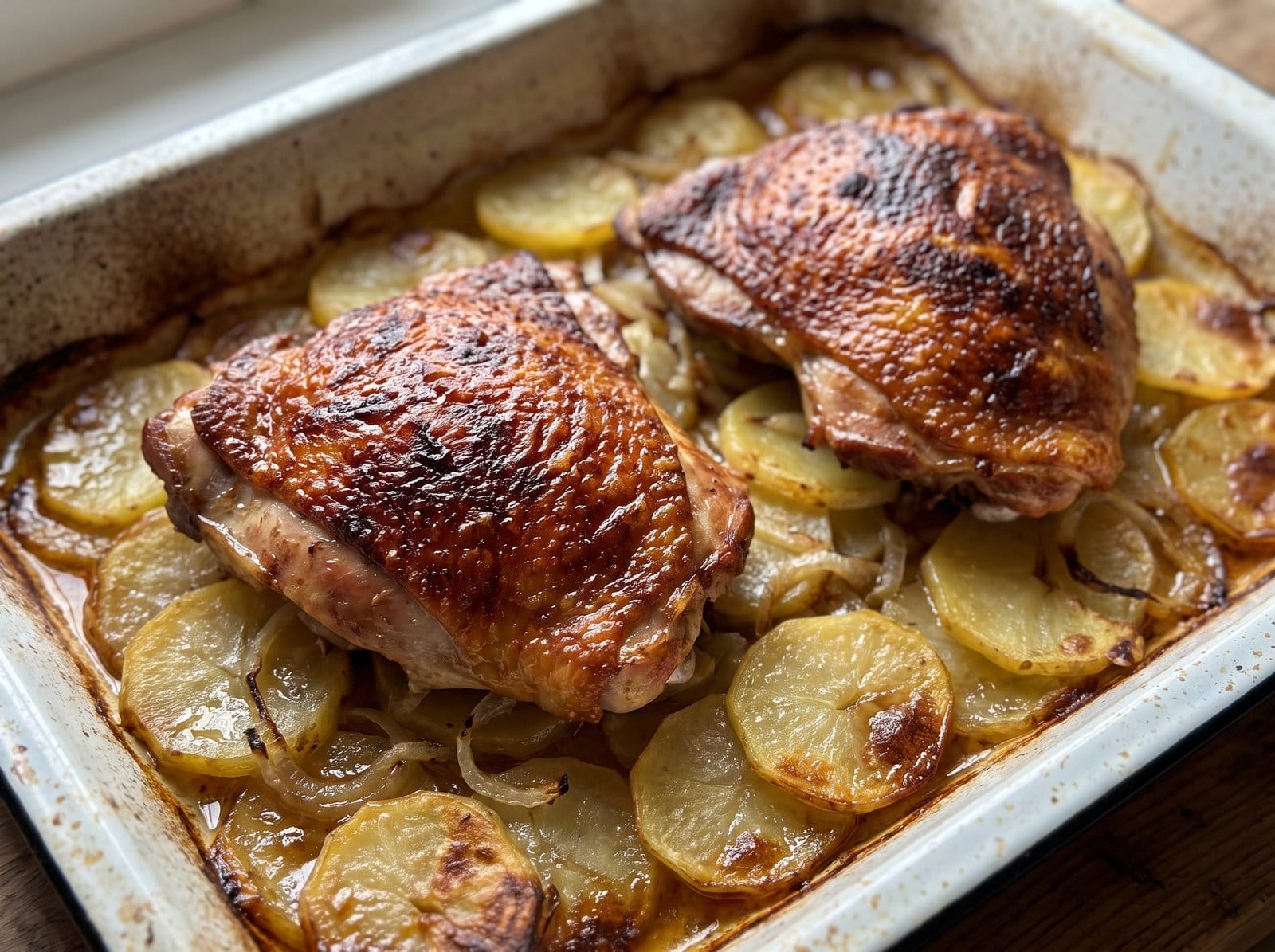 Contramuslos de pavo ecológico al horno con la piel crujiente sobre patatas panadera