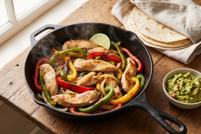 Fajitas de pechuga de pavo ecológico con pimientos de colores en sartén, con tortillas y guacamole