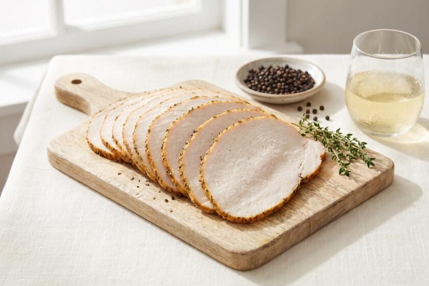 Fiambre casero de pechuga de pavo ecológico al vino blanco cortado en lonchas finas