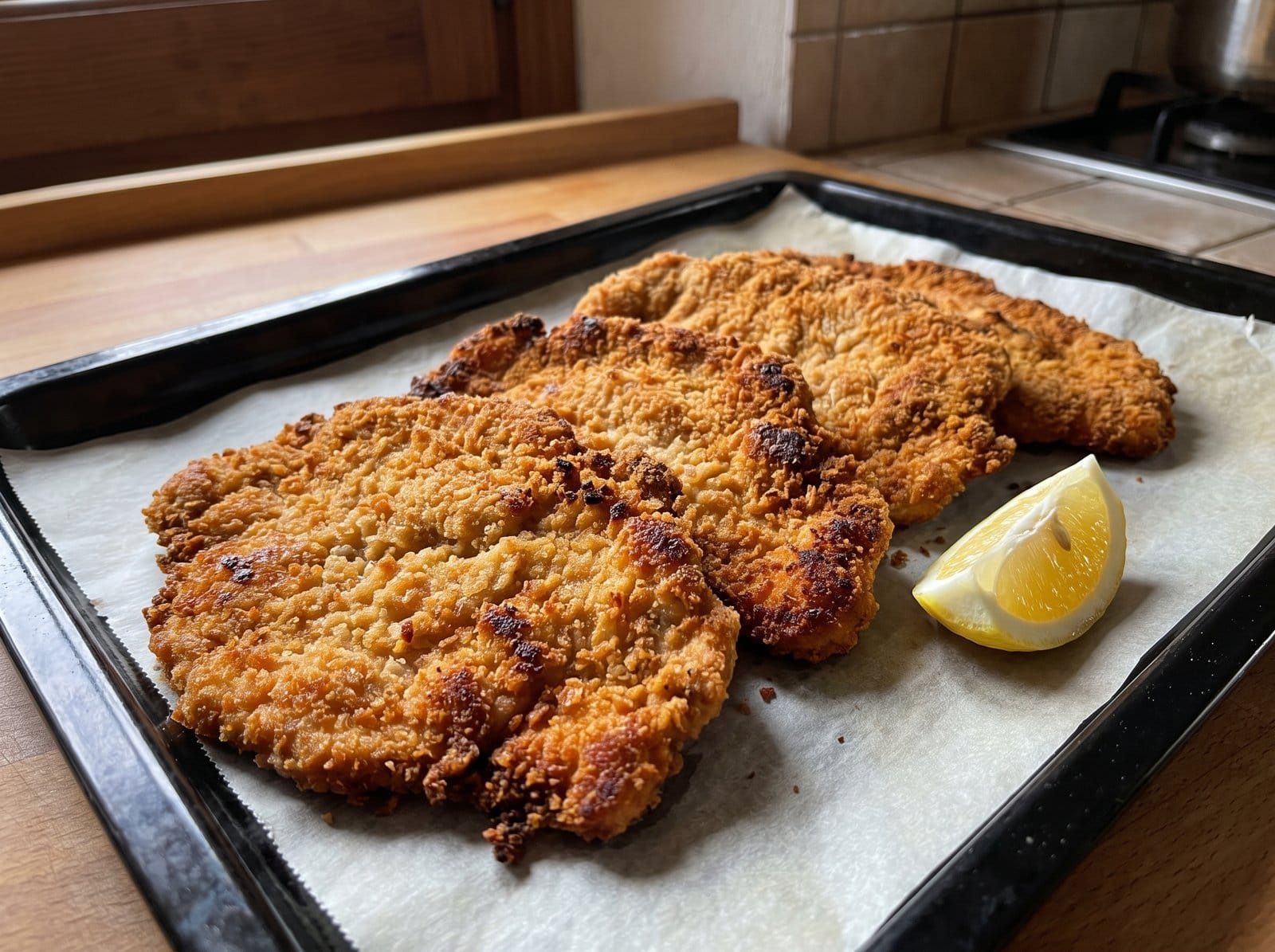 Filetes de pavo ecológico empanados y dorados al horno en la bandeja