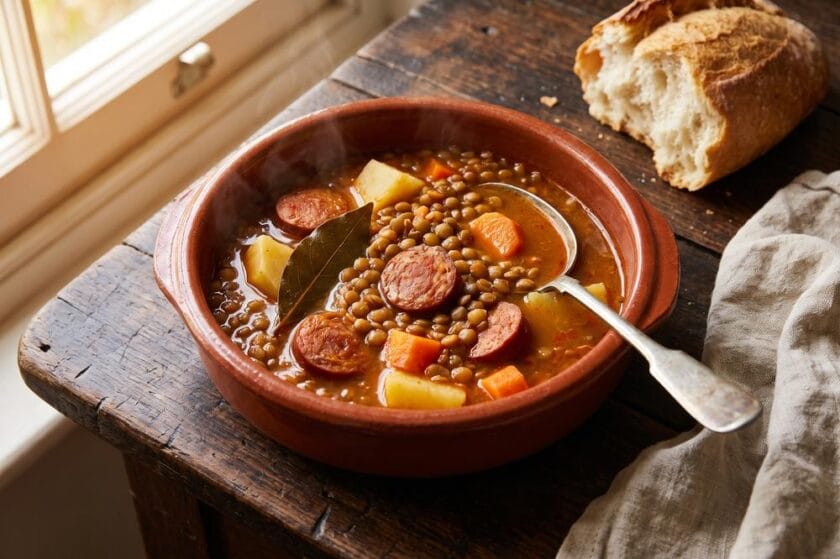 Lentejas guisadas con chorizo de pavo ecológico y zanahoria en cazuela de barro