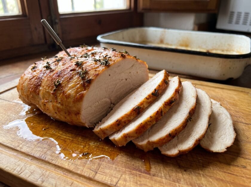 Pechuga entera de pavo ecológico al horno cortada en lonchas gruesas sobre tabla de madera