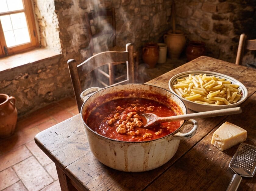 Olla con salsa boloñesa de carne picada de pavo ecológico de PavosBio, junto a un plato de pasta