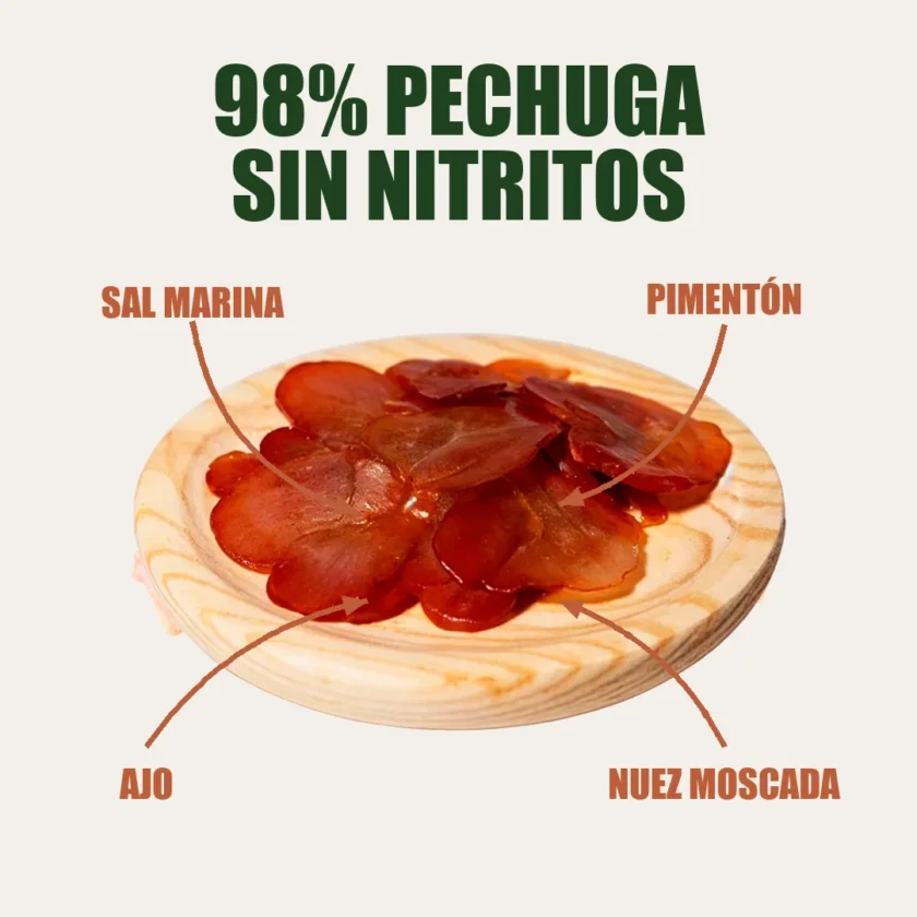 Pechuga embuchada de pavo ecológico PavosBio con sus ingredientes señalados: 98 % pechuga, sal marina, pimentón, ajo y nuez moscada
