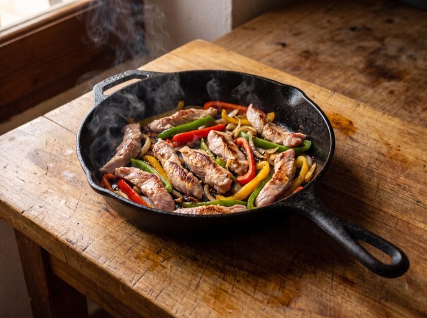 Sartén con tiras de pechuga de pavo ecológico de PavosBio salteadas con pimientos y cebolla