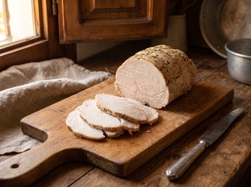 Fiambre casero de pechuga de pavo ecológico de PavosBio cortado a cuchillo sobre una tabla de madera
