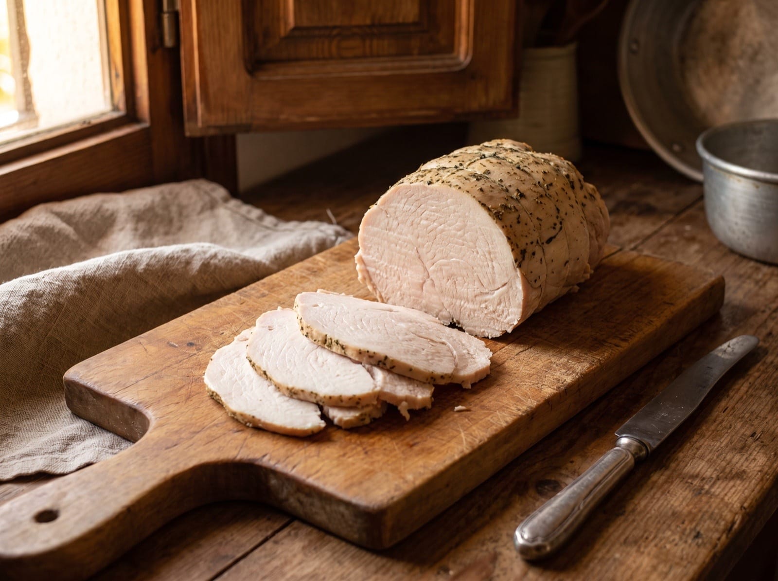 Fiambre casero de pechuga de pavo ecológico de PavosBio cortado a cuchillo sobre una tabla de madera