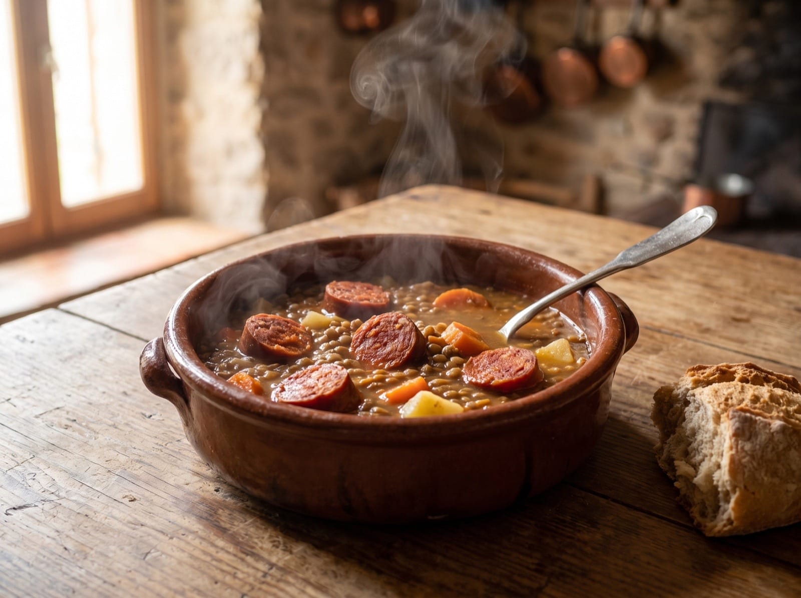 Cazuela de barro con lentejas guisadas y rodajas de chorizo de pavo ecológico de PavosBio