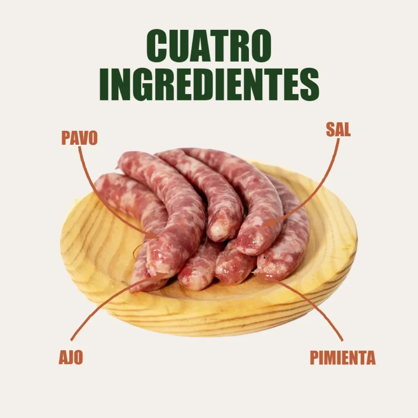 Salchichas de pavo ecológico PavosBio con sus cuatro ingredientes señalados: pavo, sal, ajo y pimienta